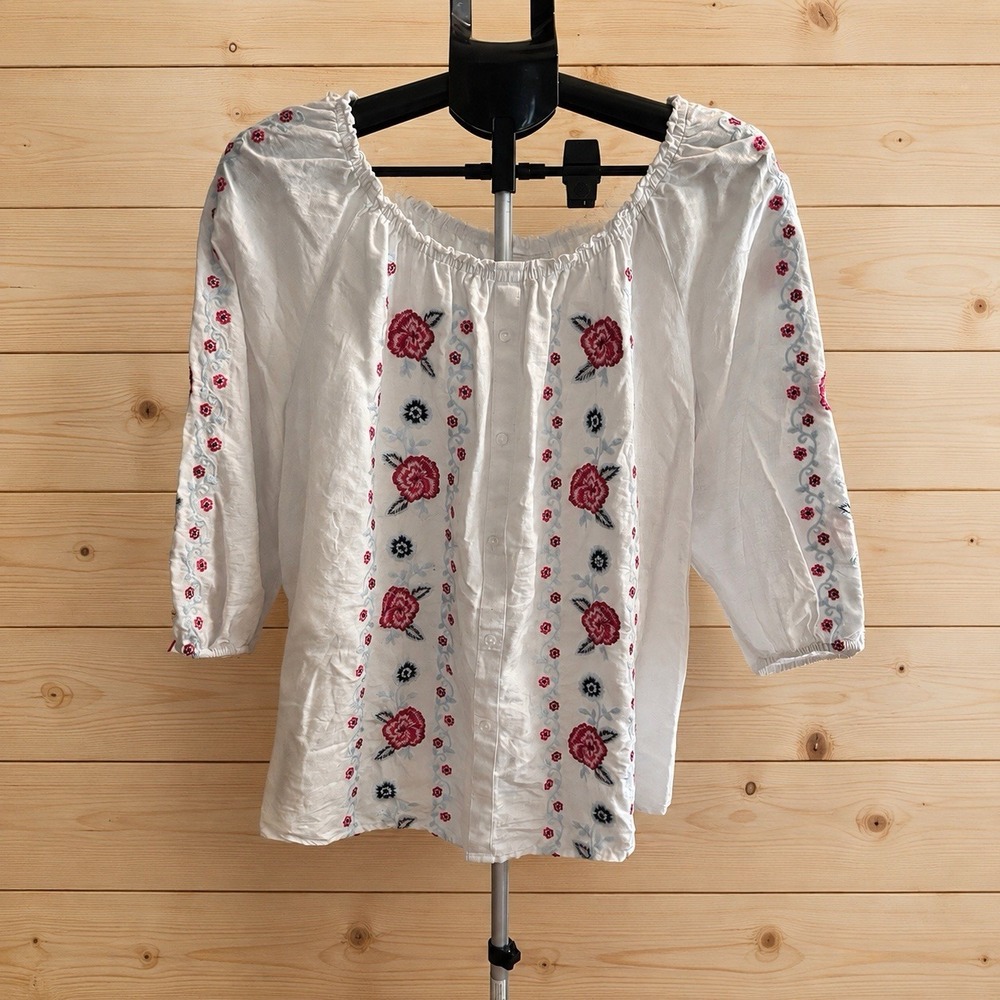 Charter Club XXL  LINEN  Cotten Embroidered Floral Peasant Blouse[J]